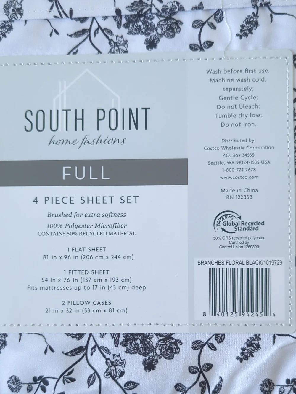 South Point Full 4-Piece Sheet Set - Black Floral on White